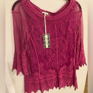 NWT Pink Lace 3/4 Sleeve Top Fuchsia Ultra Pink Womens Sz L